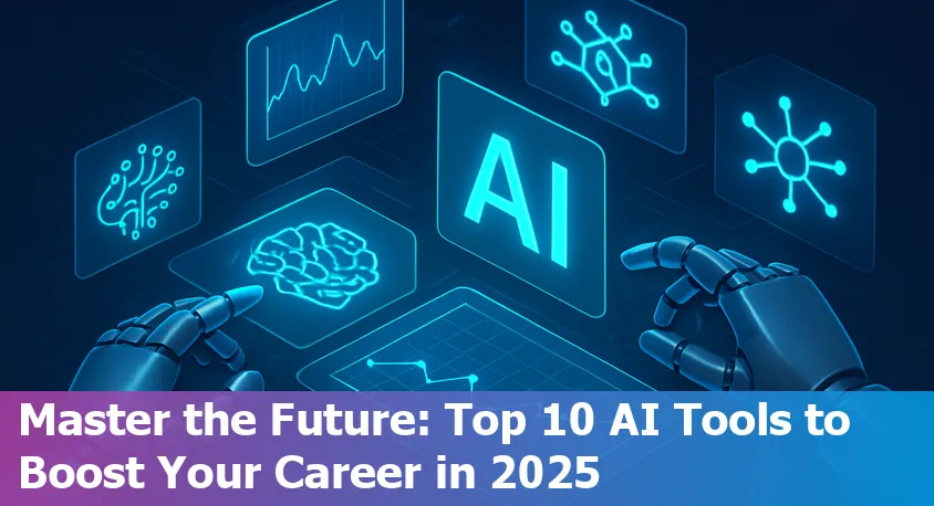 Illustration of top AI tools and career growth icons symbolizing learning and professional advancement in 2025