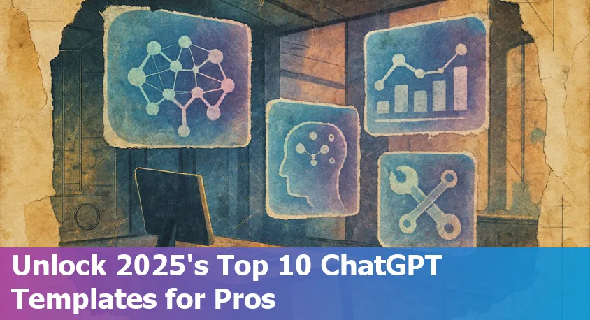Illustration of professionals using ChatGPT with various prompt templates on screen in 2025.