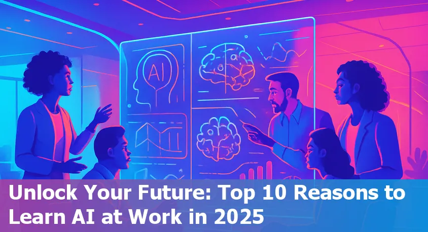 Illustration showing diverse professionals learning AI skills at work with futuristic digital AI elements