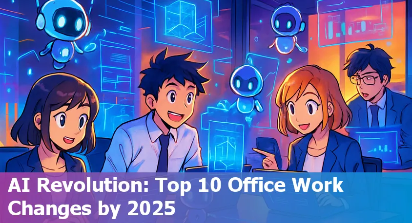 Illustration of AI-powered office workspace with virtual assistants and collaborative tools in use in 2025