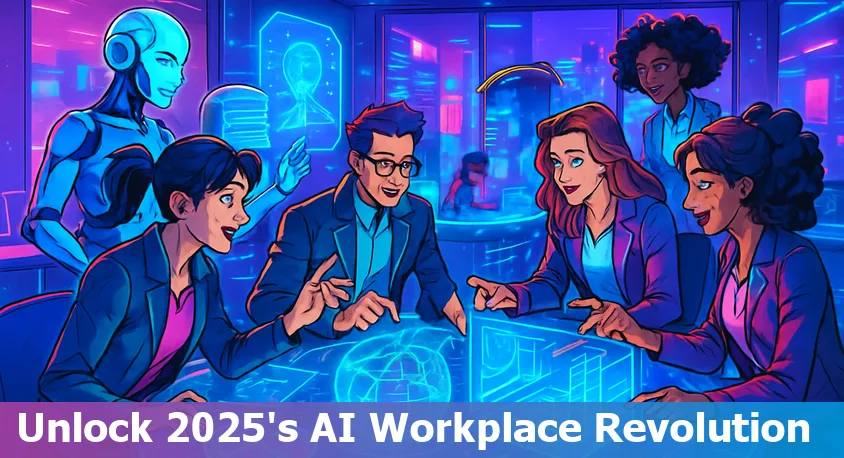 Illustration showing AI tools powering workplace productivity and innovation in 2025.