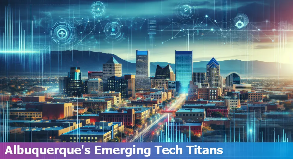 Skyline of Albuquerque New Mexico with tech symbols overlaid, representing its emerging startup scene.