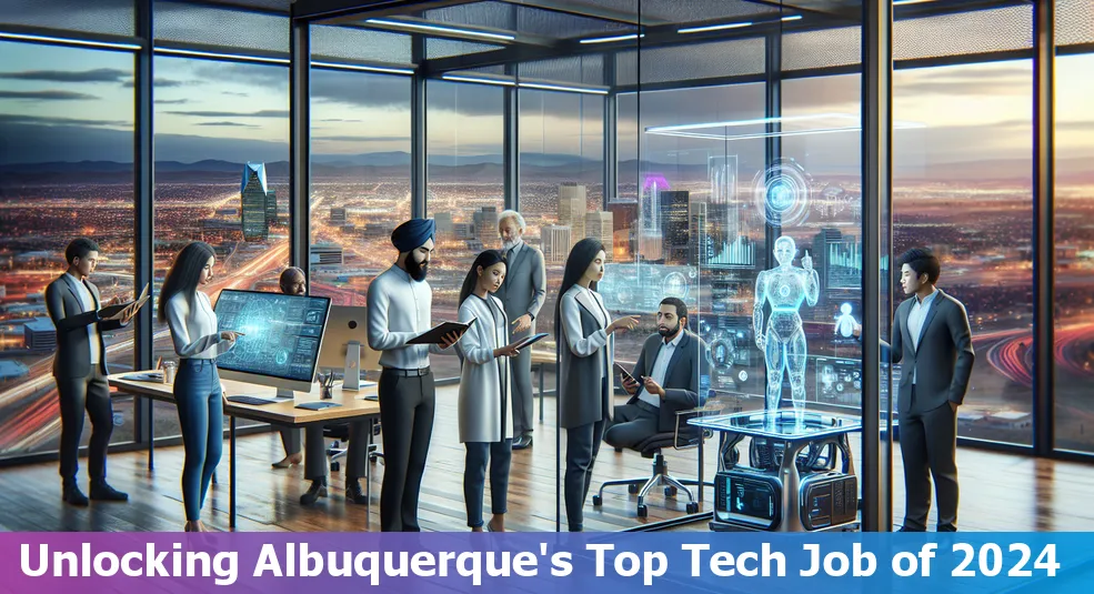 Skyline of Albuquerque with tech industry icons representing the most in-demand tech jobs in 2024