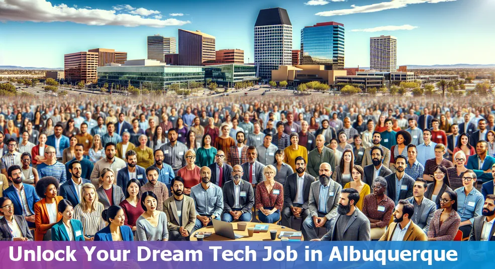 Albuquerque cityscape with tech professionals networking at a local event.