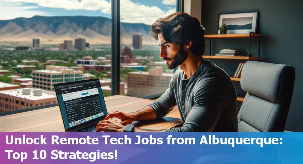 Albuquerque cityscape with tech job icons representing remote work opportunities.