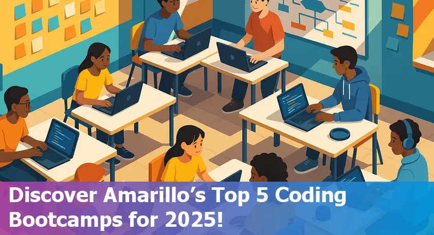 Group of diverse coding students in Amarillo, Texas, collaborating at laptops in a vibrant classroom setting.