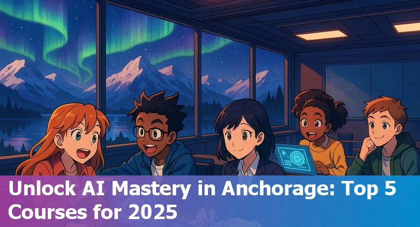 Anchorage, Alaska skyline with digital AI icons highlighting top AI course opportunities in 2025.