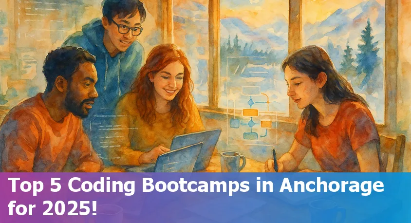 Anchorage skyline with tech students coding together, symbolizing vibrant bootcamp community in Alaska.