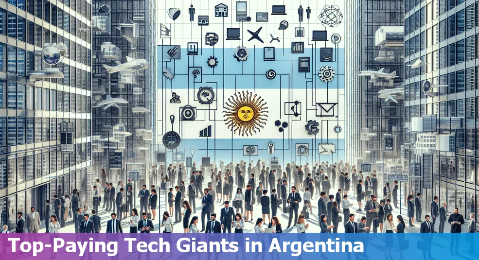 Skyline of Buenos Aires, Argentina with tech industry icons and company logos in the foreground, representing the highest paying tech companies in Argentina.