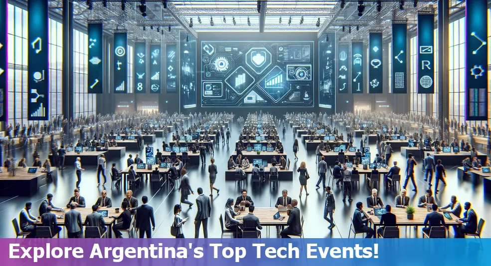 Collage of tech meetups and conferences with enthusiastic participants in Argentina.