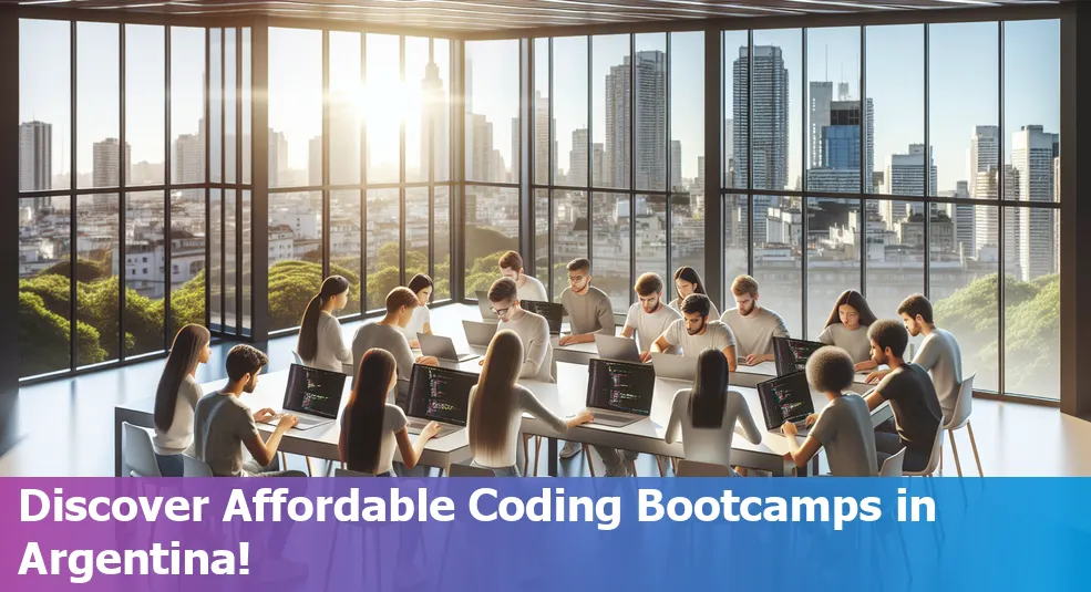 A group of diverse students coding together at an affordable bootcamp in Argentina.