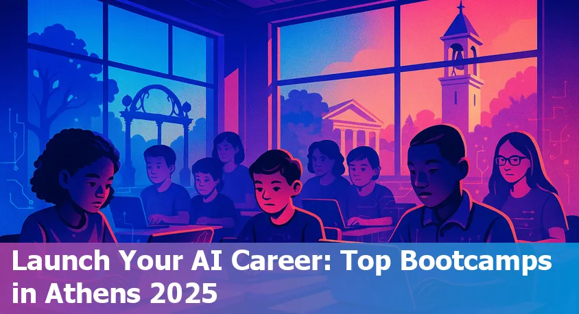 Young adults in Athens, Georgia, collaborating on laptops at an AI bootcamp classroom in 2025