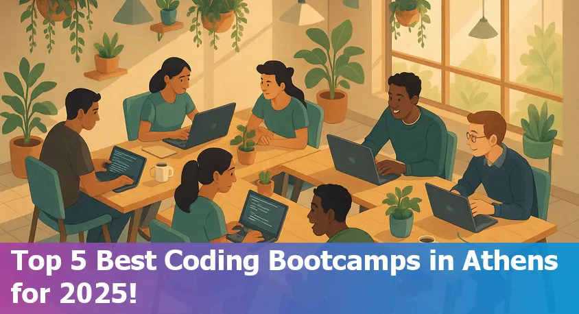 Athens Georgia coding bootcamp students collaborating with laptops in a vibrant, supportive learning environment.