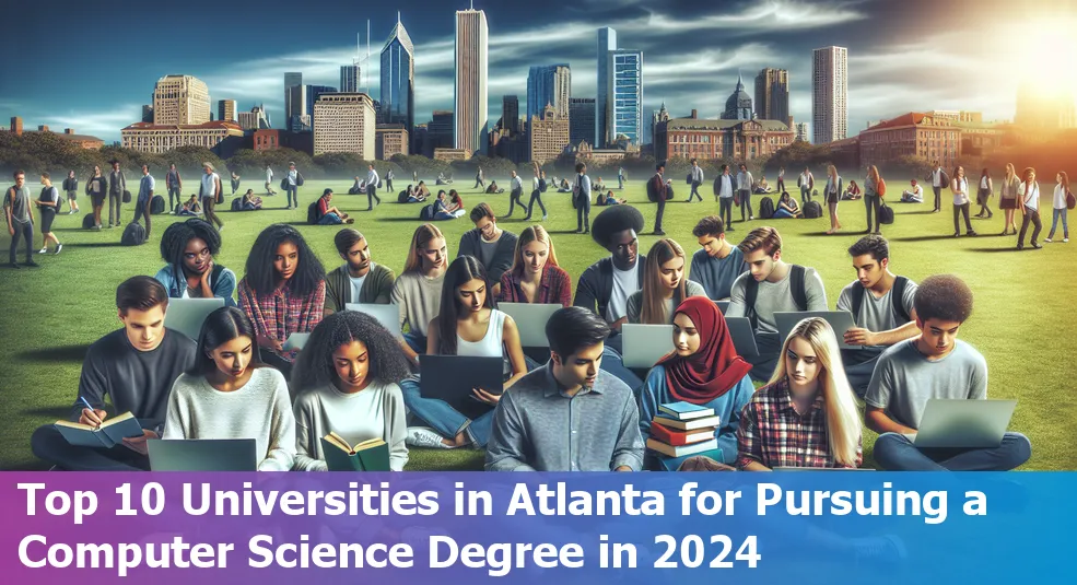 Image of the Atlanta skyline with the logos of top 10 universities for Computer Science in 2024