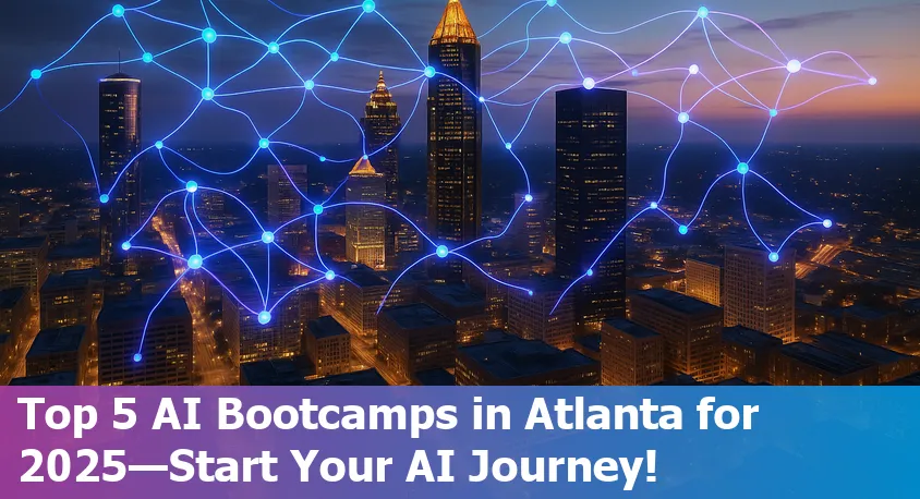 A diverse group of students collaborating on AI projects in a modern Atlanta classroom, with code and data visuals in the background.