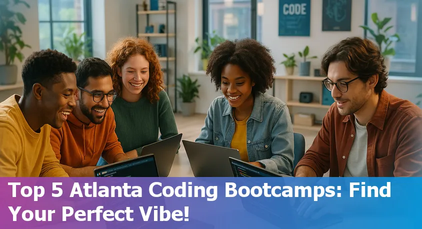 Atlanta skyline in 2025 with coding bootcamp students collaborating on laptops.