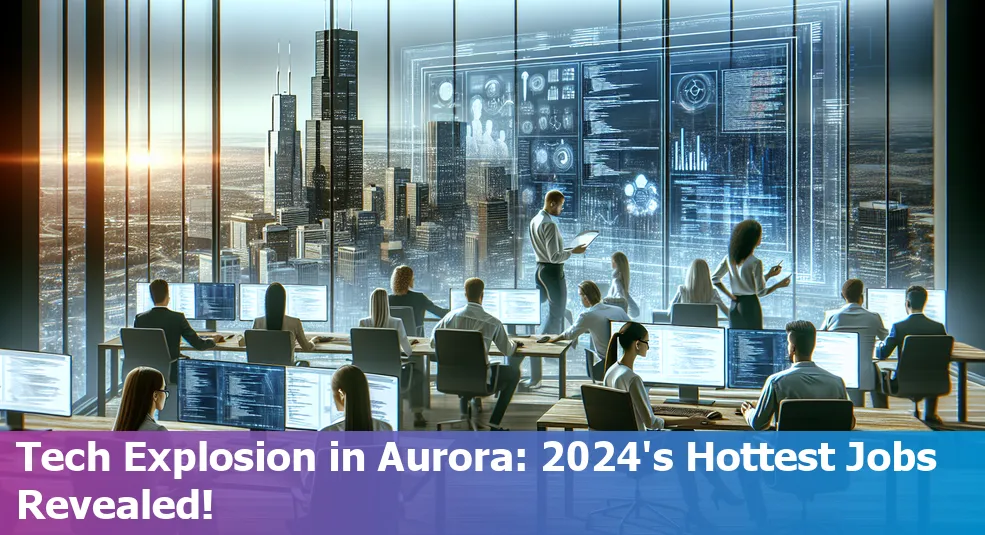 Aurora, Illinois skyline with tech industry icons representing in-demand jobs for 2024