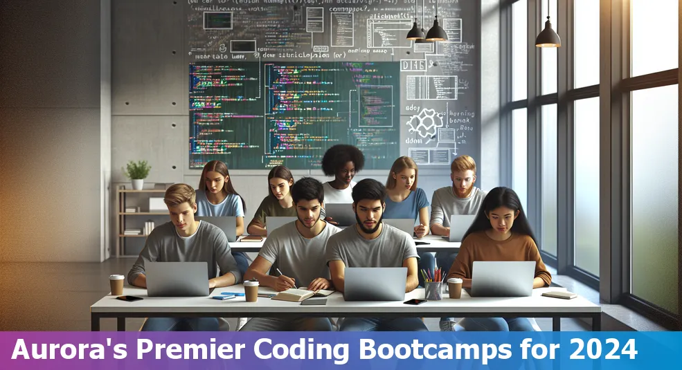 Students coding on laptops at a bootcamp in Aurora, Illinois