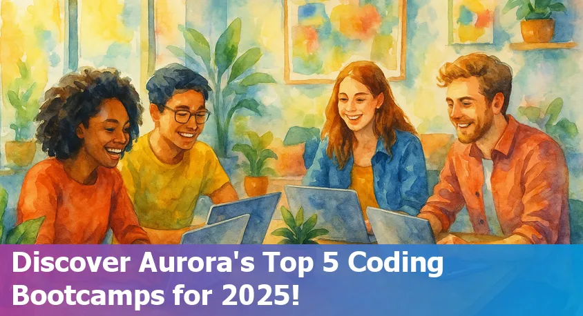 Aurora Illinois skyline with coding bootcamp students collaborating on laptops