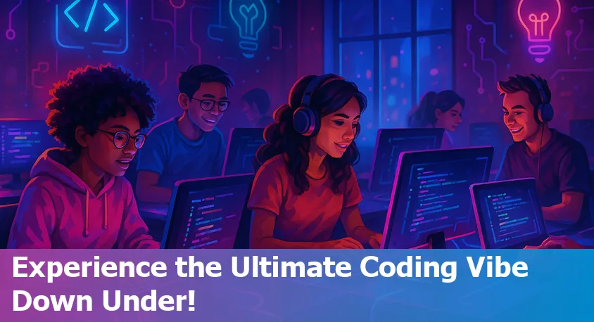 Australian coding bootcamp students collaborating in a vibrant campus environment, 2025.