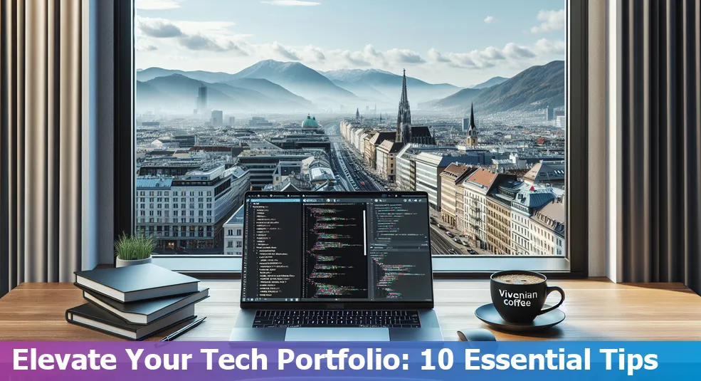 A tech professional crafting a portfolio with Austrian landmarks in the background, showcasing a blend of technology and Austrian culture.