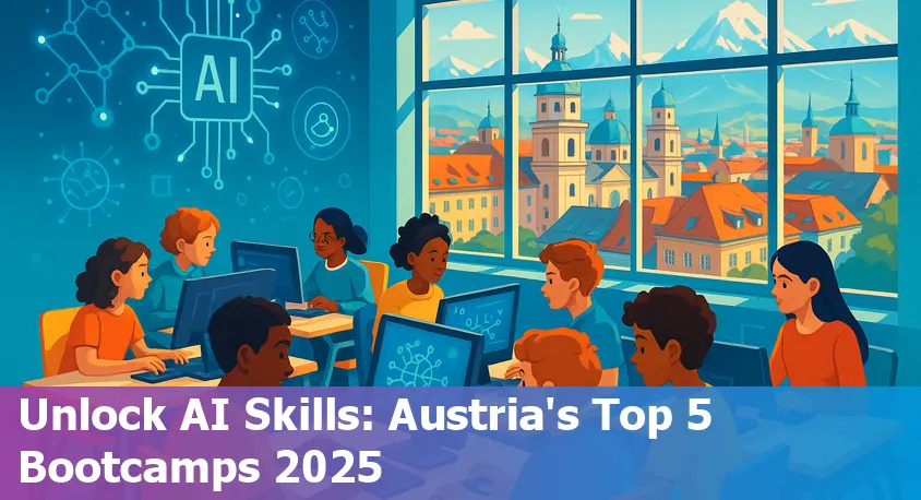 Students collaborating on laptops at an AI bootcamp in Vienna, Austria