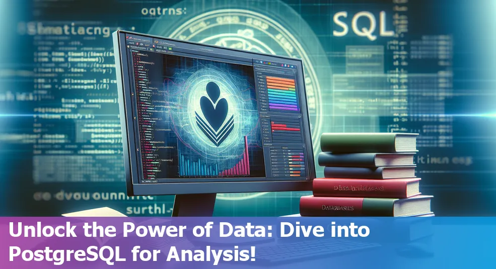 PostgreSQL logo on a blue graphical representation of data analysis