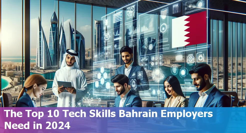 Top 10 essential tech skills Bahrain employers seek in 2024 with icons representing various technical skills.