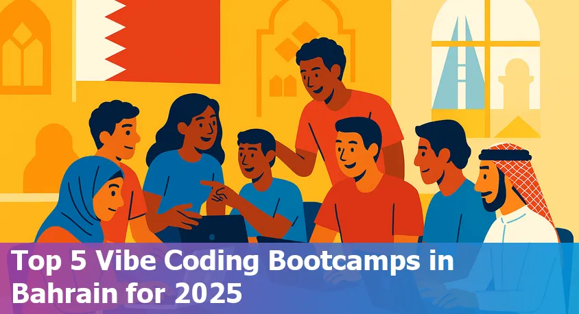 Five diverse coding students collaborating energetically in a modern Bahrain bootcamp classroom in 2025