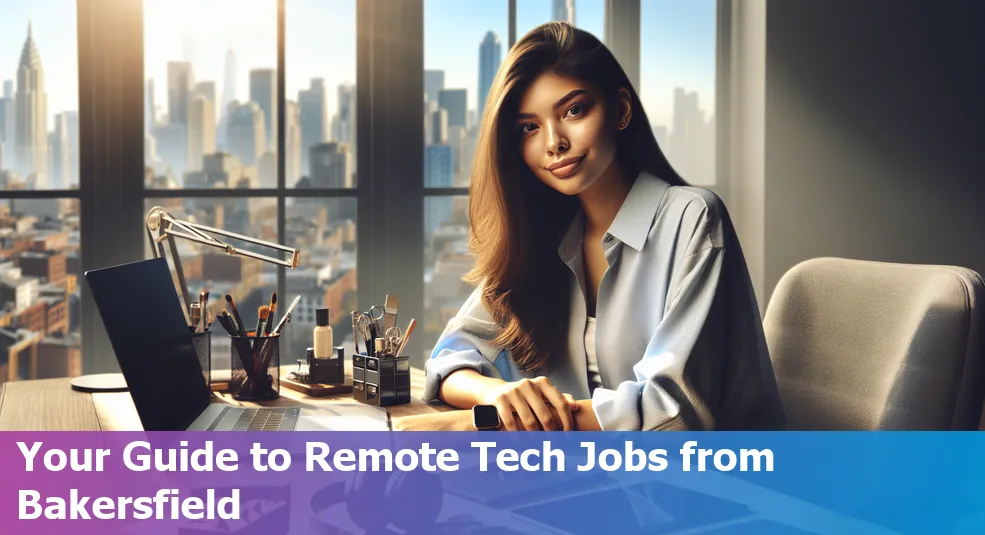 Remote tech job guide from Bakersfield, California, showing a person working on a laptop from home.