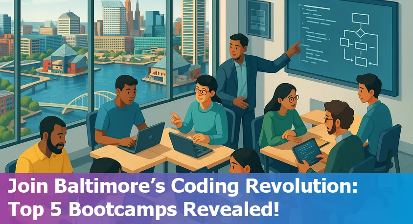 Baltimore skyline with coding bootcamp students and digital devices, 2025