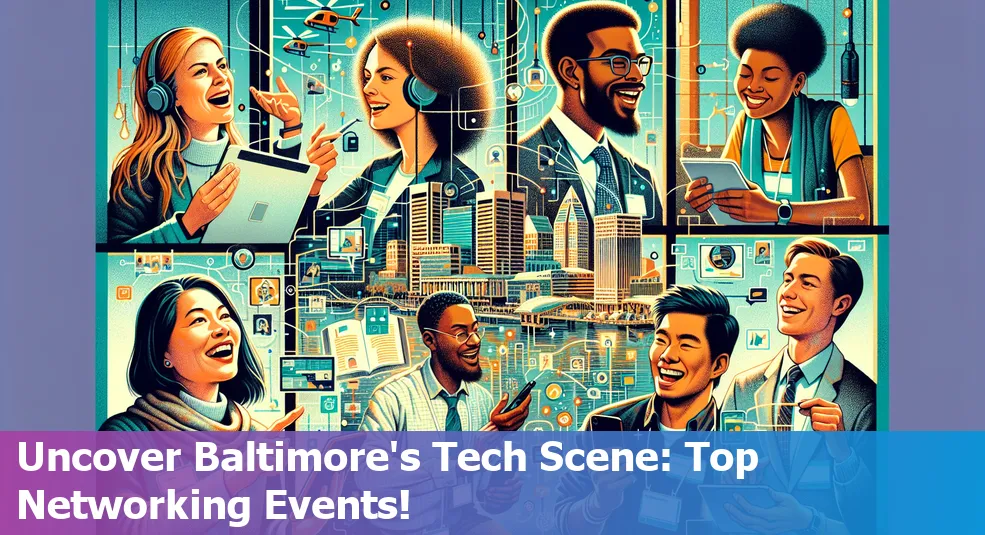 Graphic representing Baltimore's tech scene: networking events, startups, colleges, and companies