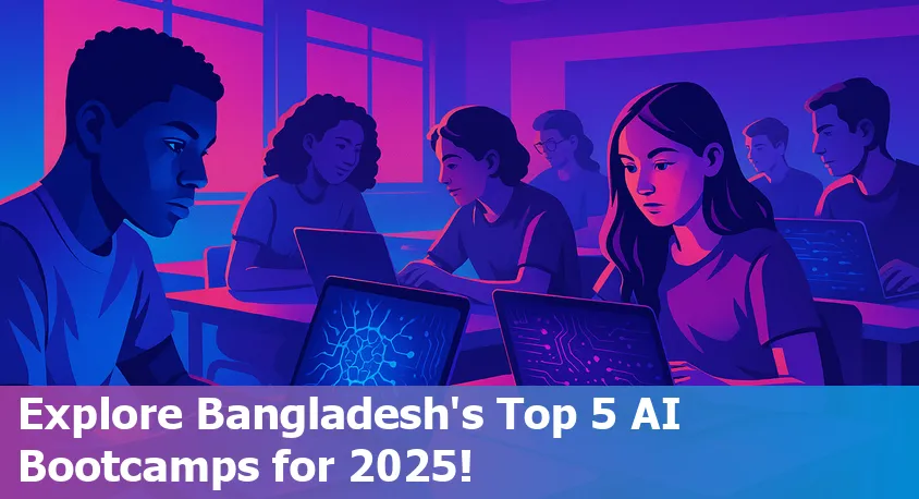 AI bootcamp students in Bangladesh collaborating on laptops in a modern classroom, 2025
