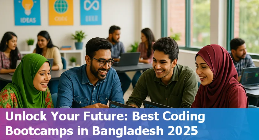 Bangladeshi coding bootcamp students collaborating with laptops and instructors in a vibrant classroom.