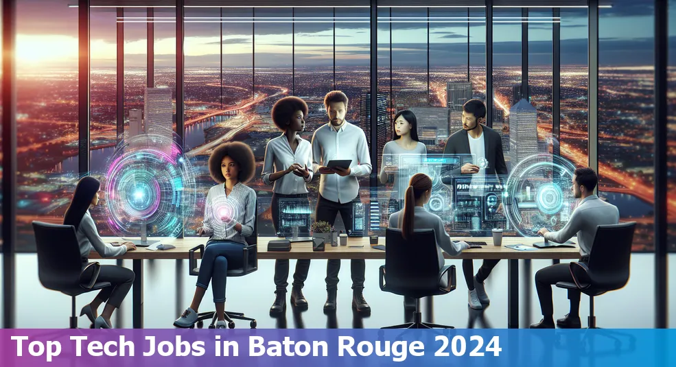 Skyline of Baton Rouge, Louisiana with text overlay highlighting the most in-demand tech job in 2024.