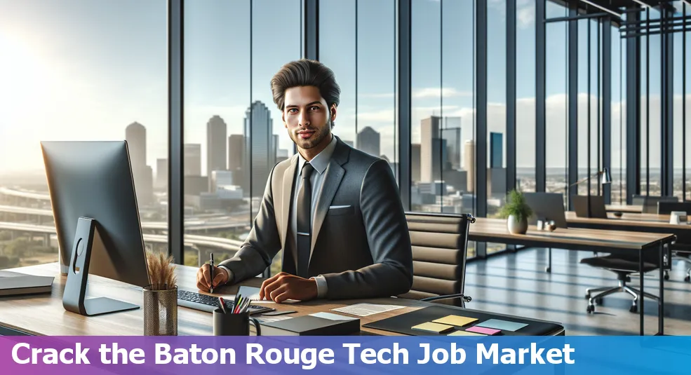 Baton Rouge cityscape with tech professionals networking and job hunting strategies.