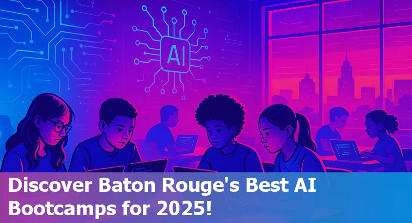 Group of students in Baton Rouge learning AI and machine learning at a bootcamp, collaborating on laptops.