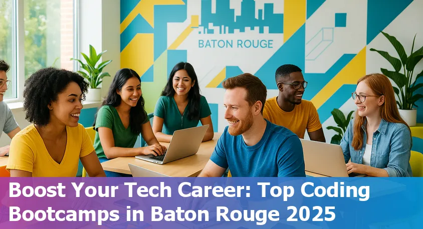 Coding students collaborating in a modern classroom in Baton Rouge, symbolizing tech bootcamp community vibe in 2025.