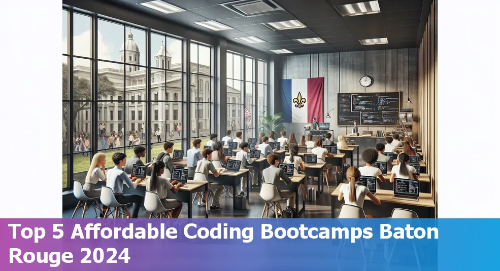 Baton Rouge skyline with overlay text: Top 5 Most Affordable Coding Bootcamps in Baton Rouge in 2024