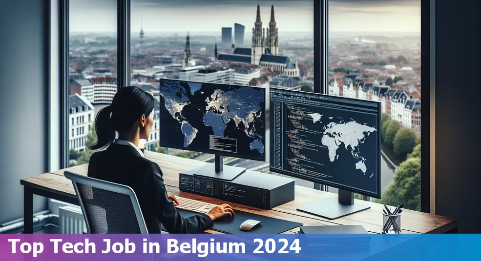 Graphic illustrating the most in-demand tech jobs in Belgium in 2024, highlighting roles like software developers, cybersecurity experts, data scientists, and AI specialists.