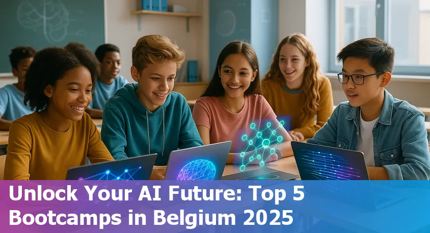 AI students collaborating in a classroom setting in Belgium, discussing code and data charts.