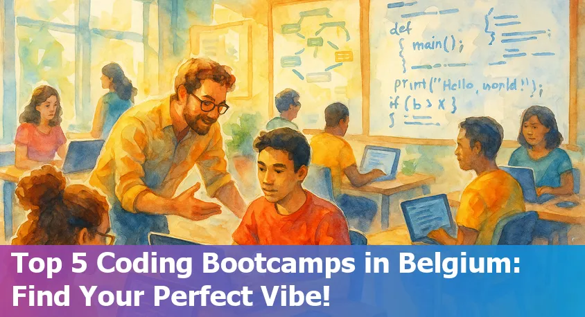 Students collaborating in a bright coding bootcamp classroom in Brussels, Belgium, 2025.