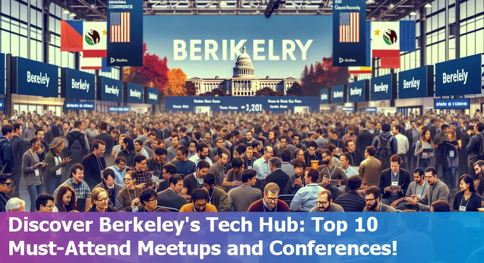 Attendees networking at a tech conference in Berkeley, California.