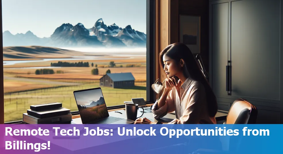 Person working remotely on a laptop, with a Billings, Montana backdrop showing mountains and city skyline.