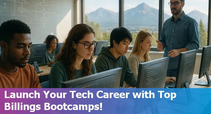 Diverse group of beginners learning coding together in Billings, Montana, with laptops and local tech vibe.