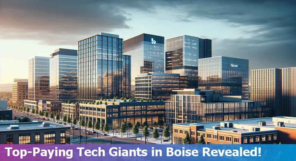 Skyline of Boise, Idaho, US with tech industry elements representing high-paying tech companies.