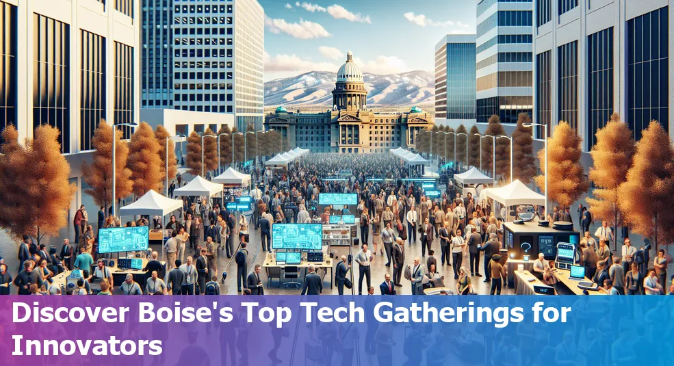 A large group of people attending a tech conference in Boise, Idaho, engaging in discussions and networking.