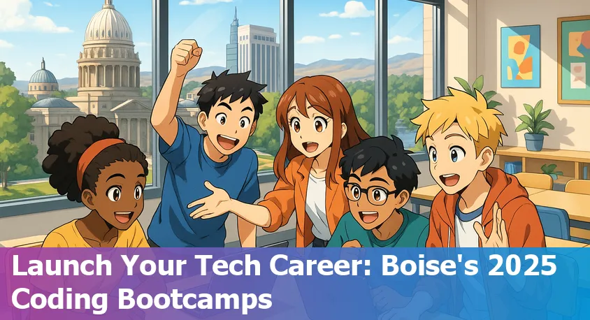 A group of diverse students collaborating and coding at a modern Boise coding bootcamp classroom in 2025.