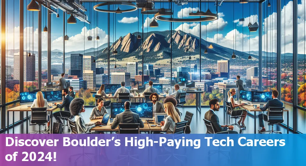 Skyline of Boulder, Colorado, with tech industry icons representing top-paying jobs in 2024