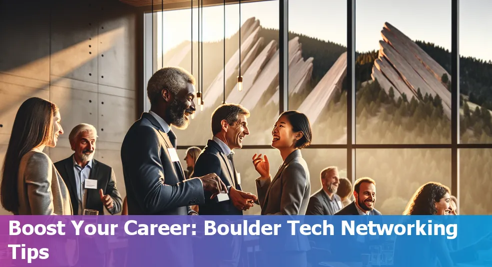 Networking strategies in Boulder's tech scene for beginners with buildings and mountain view.